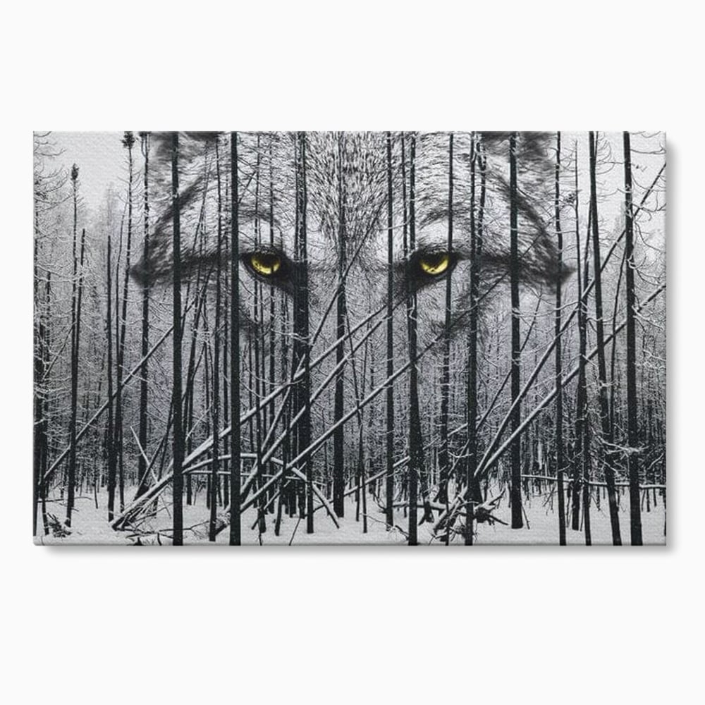 Tablou canvas cu tablou canvas cu ochi de lup si padure iarna, fara rama, pe sasiu de lemn